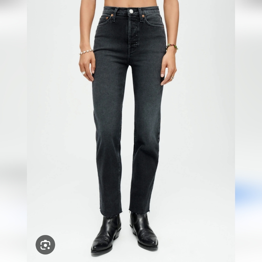 RE/DONE Black Raw Hem Button Fly Jeans Size 26 High Rise Cropped Designer Denim